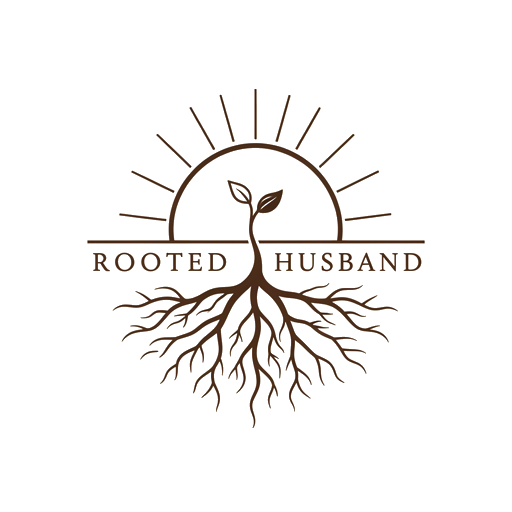 Rooted Husband logo: a seedling with deep roots and a rising sun